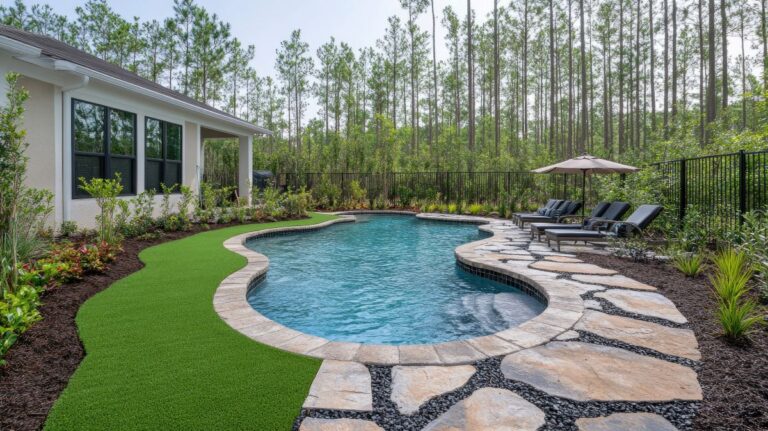 Backyard swimming pool with flagstone patio, artificial turf, and lush landscaping
